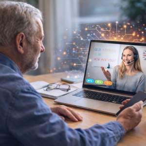 Lektorka a student při online studiu angličtiny, zlepšuje paměť, koncentraci a kognitivních schopností díky online kurzům.