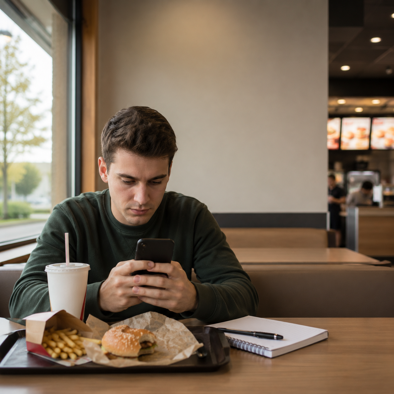 Muž si procvičuje angličtinu na mobilním telefonu ve fastfoodu. Článek vysvětluje, proč samotné aplikace nestačí k plynulé komunikaci v cizím jazyce.